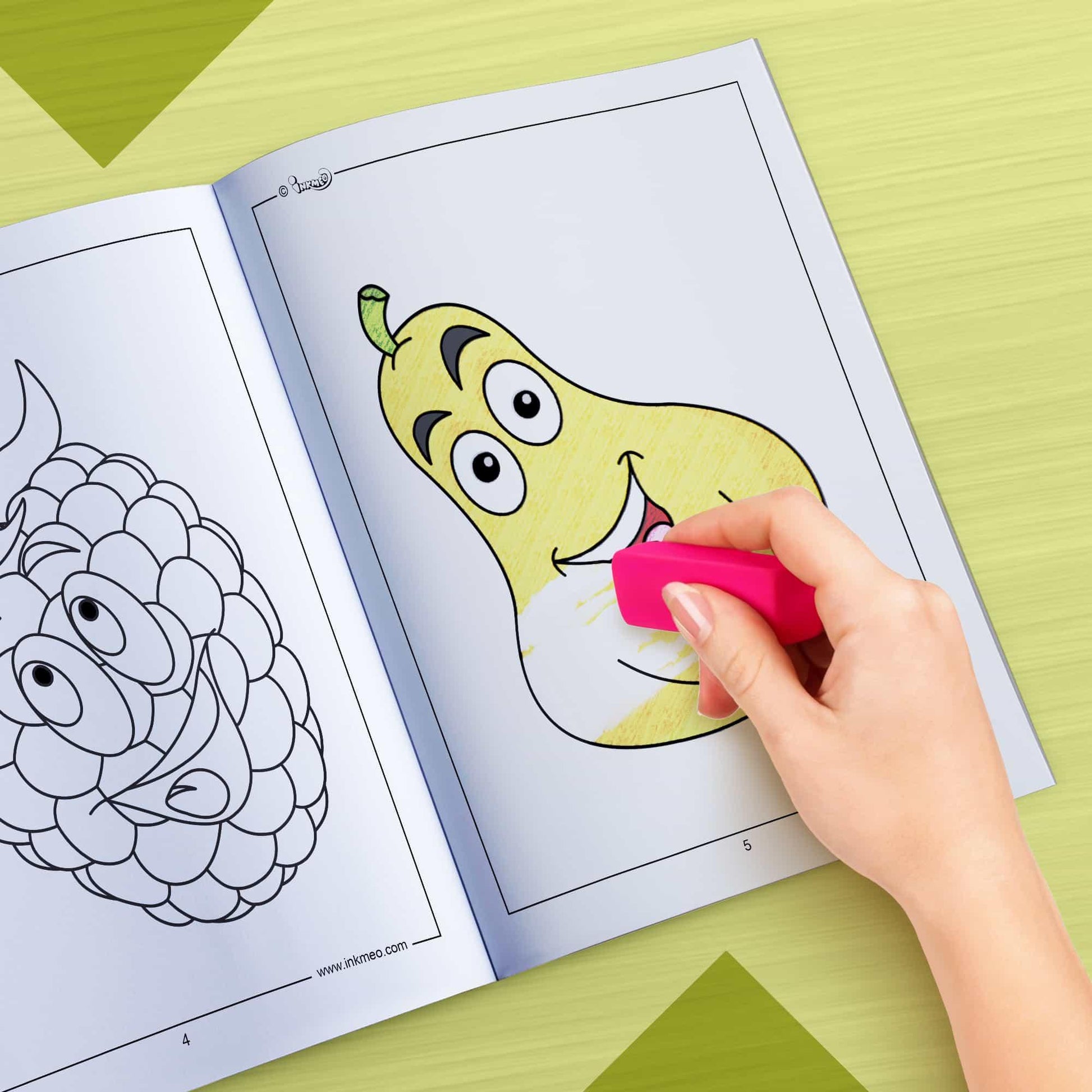The image depicts a hand using an eraser to erase crayon marks in a colouring book.