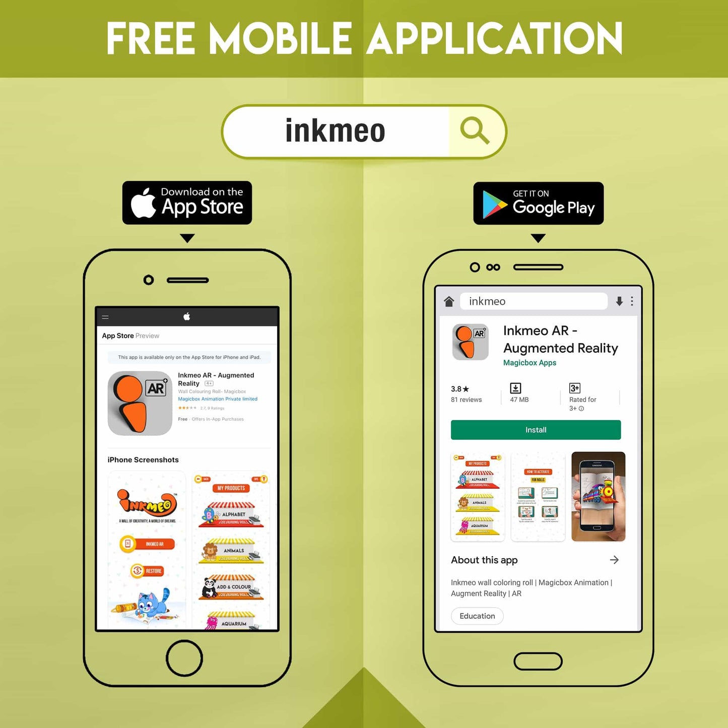 The image demonstrates how to install the Inkmeo app from both the App Store and Play Store, as it is a free mobile application.
