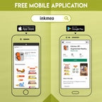 The image demonstrates how to install the Inkmeo app from both the App Store and Play Store, as it is a free mobile application.