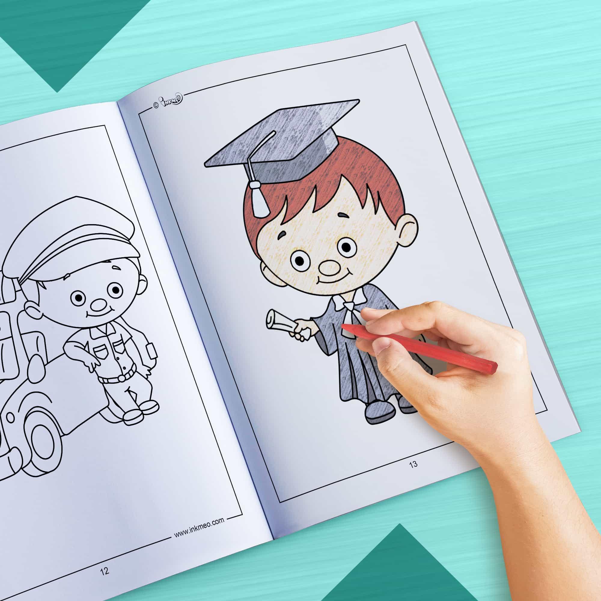 The image depicts a hand coloring a book with crayons.
