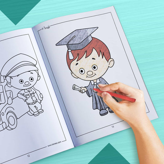 The image depicts a hand coloring a book with crayons.