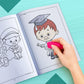 The image depicts a hand using an eraser to erase crayon marks in a coloring book.
