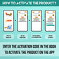  The image displays a blue background with four phones showcasing the message "To access the Inkmeo app, acquire the secret code, input the code, and tap for validation to activate the product.