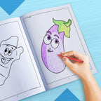 The image depicts a hand coloring a book with crayons.
