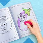 The image depicts a hand using an eraser to erase crayon marks in a coloring book.