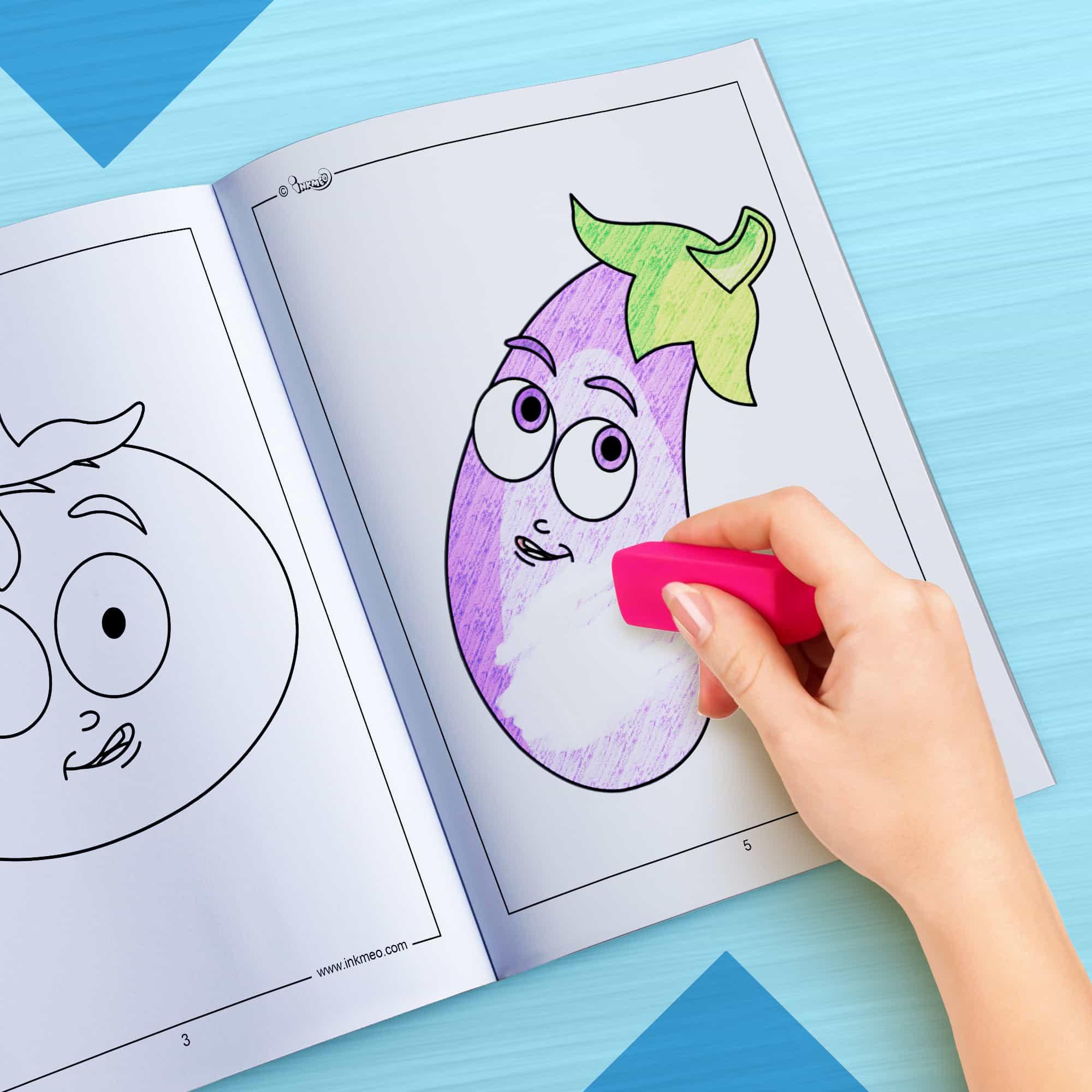 The image depicts a hand using an eraser to erase crayon marks in a coloring book.