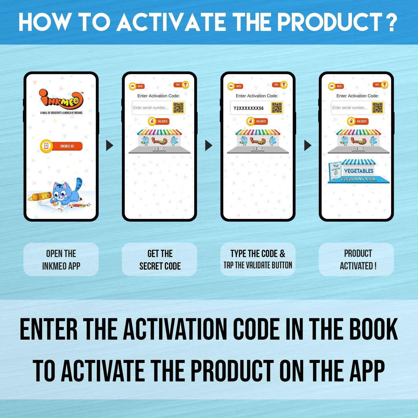 The image displays a blue background with four phones showcasing the message "To access the Inkmeo app, acquire the secret code, input the code, and tap for validation to activate the product.