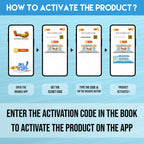 The image displays a blue background with four phones showcasing the message "To access the Inkmeo app, acquire the secret code, input the code, and tap for validation to activate the product.