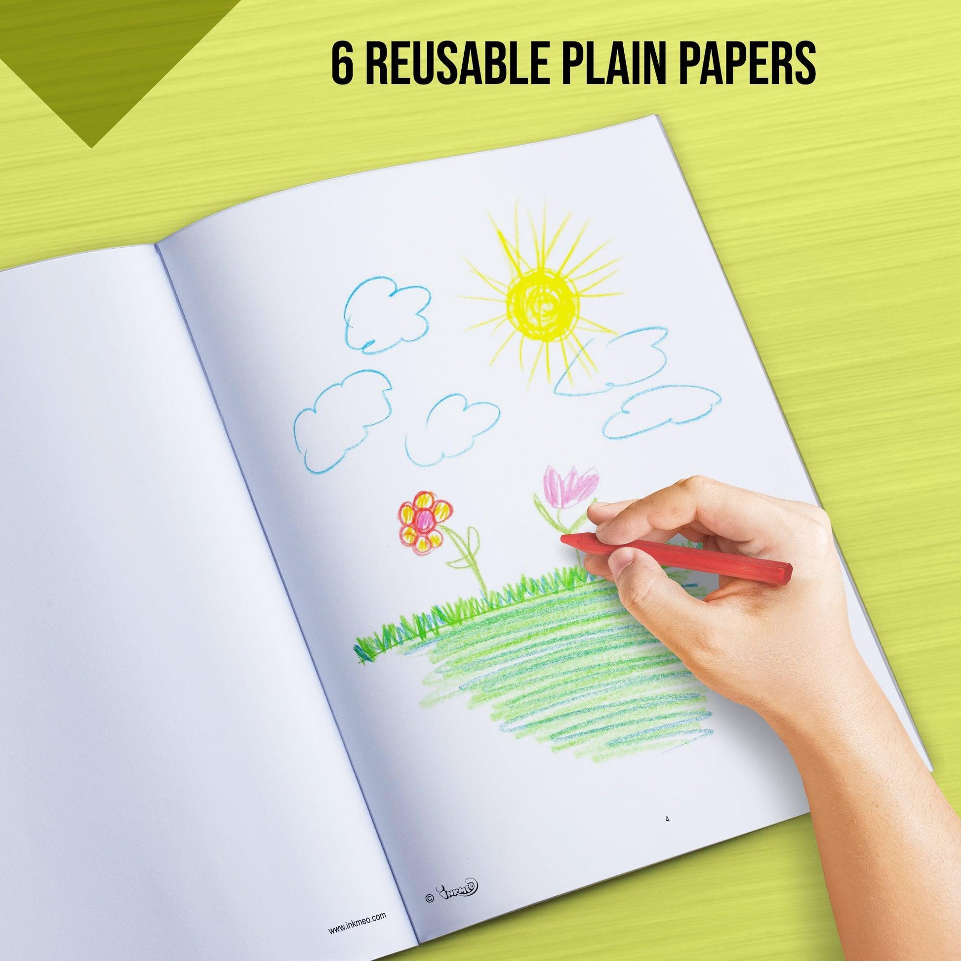 the image shows a hand randomly drawing in the paper and also text description of 6 reusable plain papers.