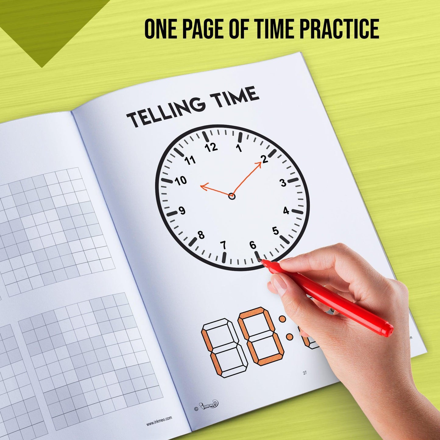 The image shows the hand practising time on the paper with caption mentioned one page of time practising