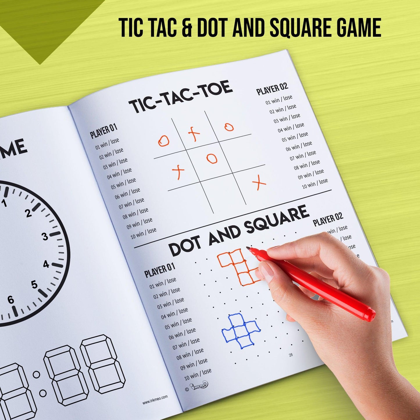 The image shows hand playing tic-tac-toe and dot and square in the book,