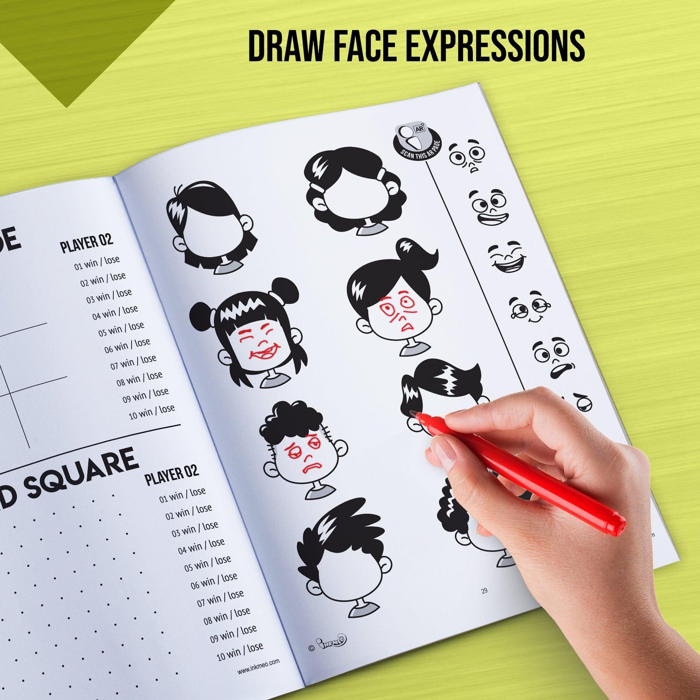 the mage shows the hand drawing various face expressions in book