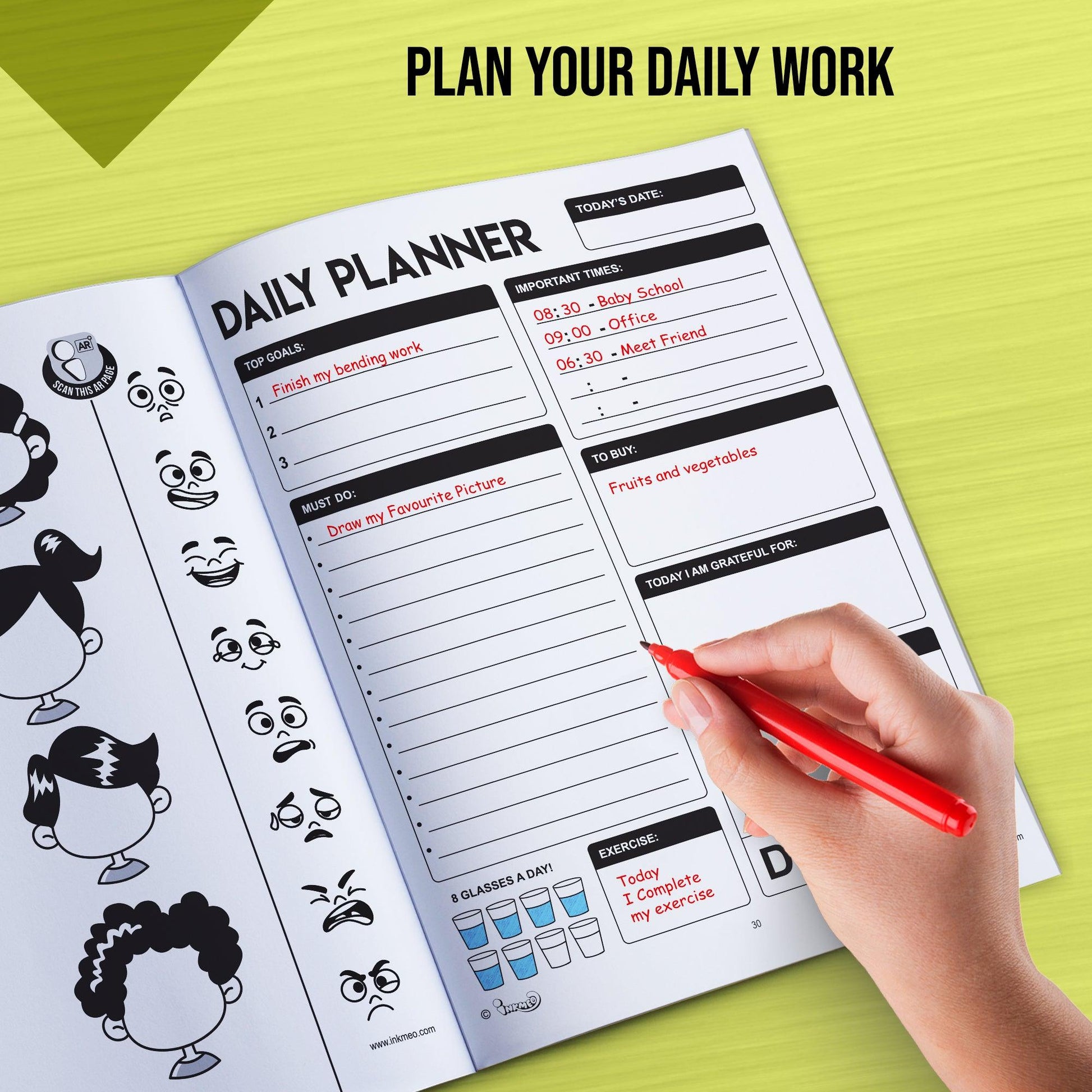 The image shows the hand working on the daily planner in this book