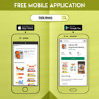 The image demonstrates how to install the Inkmeo app from both the App Store and Play Store, as it is a free mobile application.