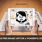 The image depicts two hands holding a tablet displaying a picture from a sheet attached to the wall. The description encourages scanning the image to enjoy the AR experience.
