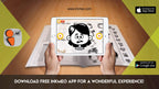 The image depicts two hands holding a tablet displaying a picture from a sheet attached to the wall. The description encourages scanning the image to enjoy the AR experience.