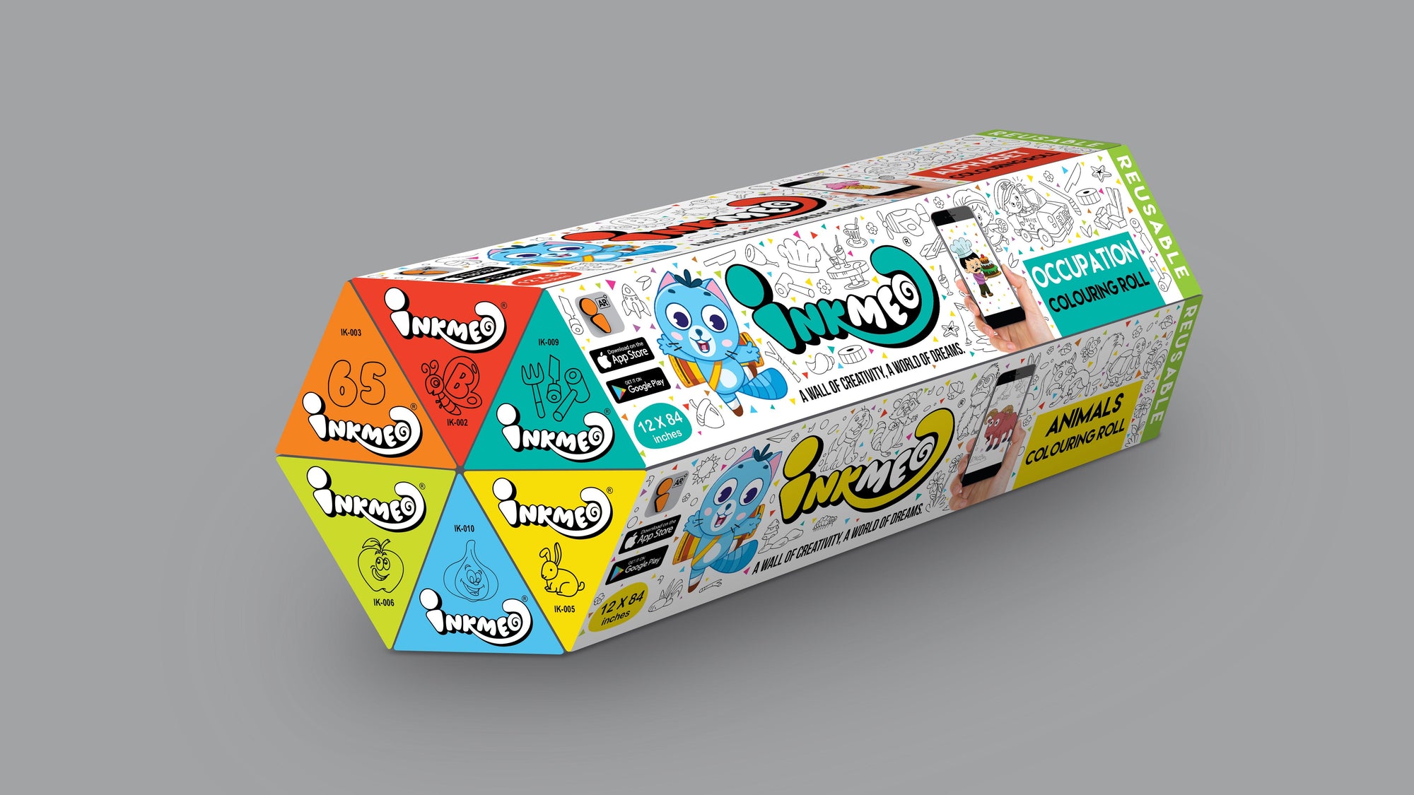 The image shows the 6 triangular boxes are kept in the centre of the grey backdrop in the shape of hexagon