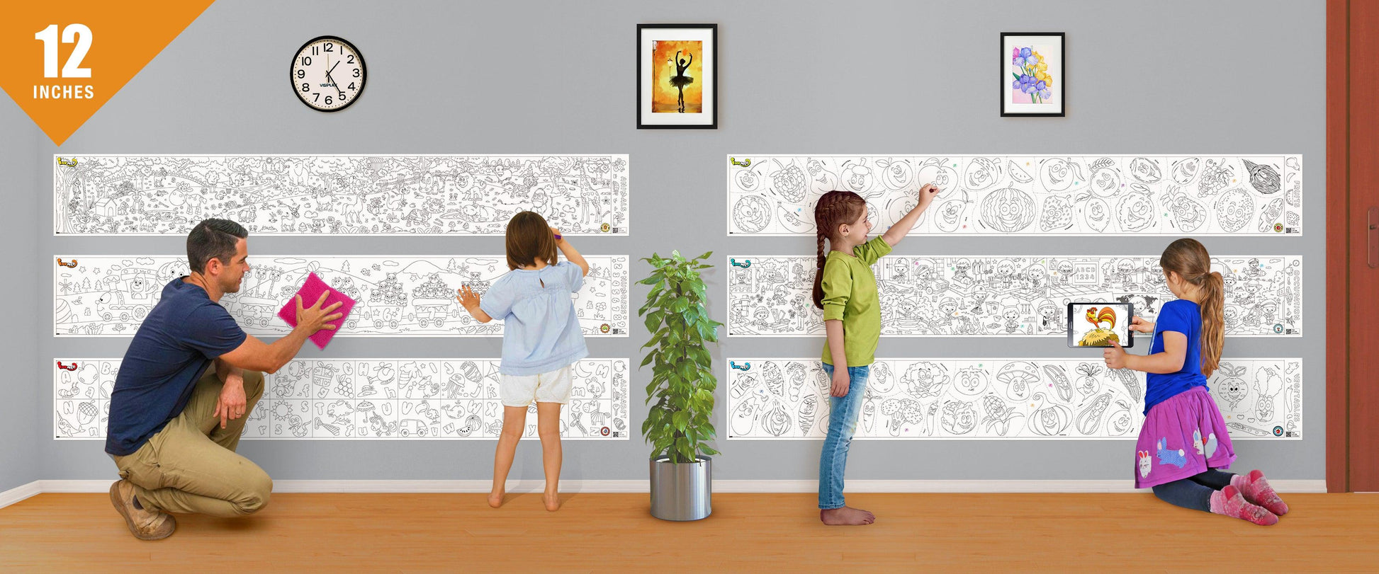 The image shows a father with playing with his three daughters with the 12 inches size of 6 rolls sticked on the wall and spending quality time