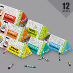 The image shows a grey background with 6 triangular places placed as stack as pyramid with crayons laying randomly and 12 inches size mentioned at the top right corner