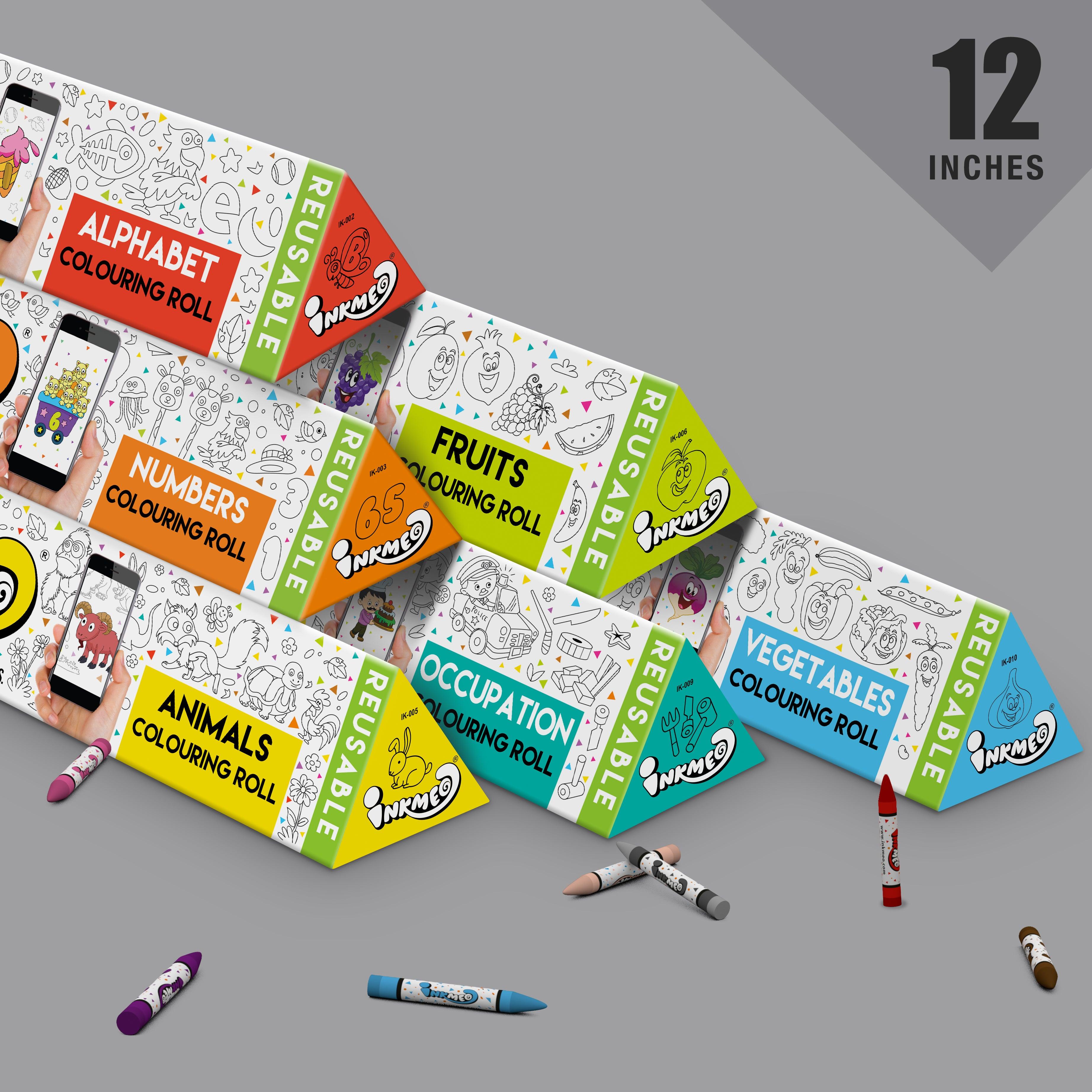 The image shows a grey background with 6 triangular places placed as stack as pyramid with crayons laying randomly and 12 inches size mentioned at the top right corner
