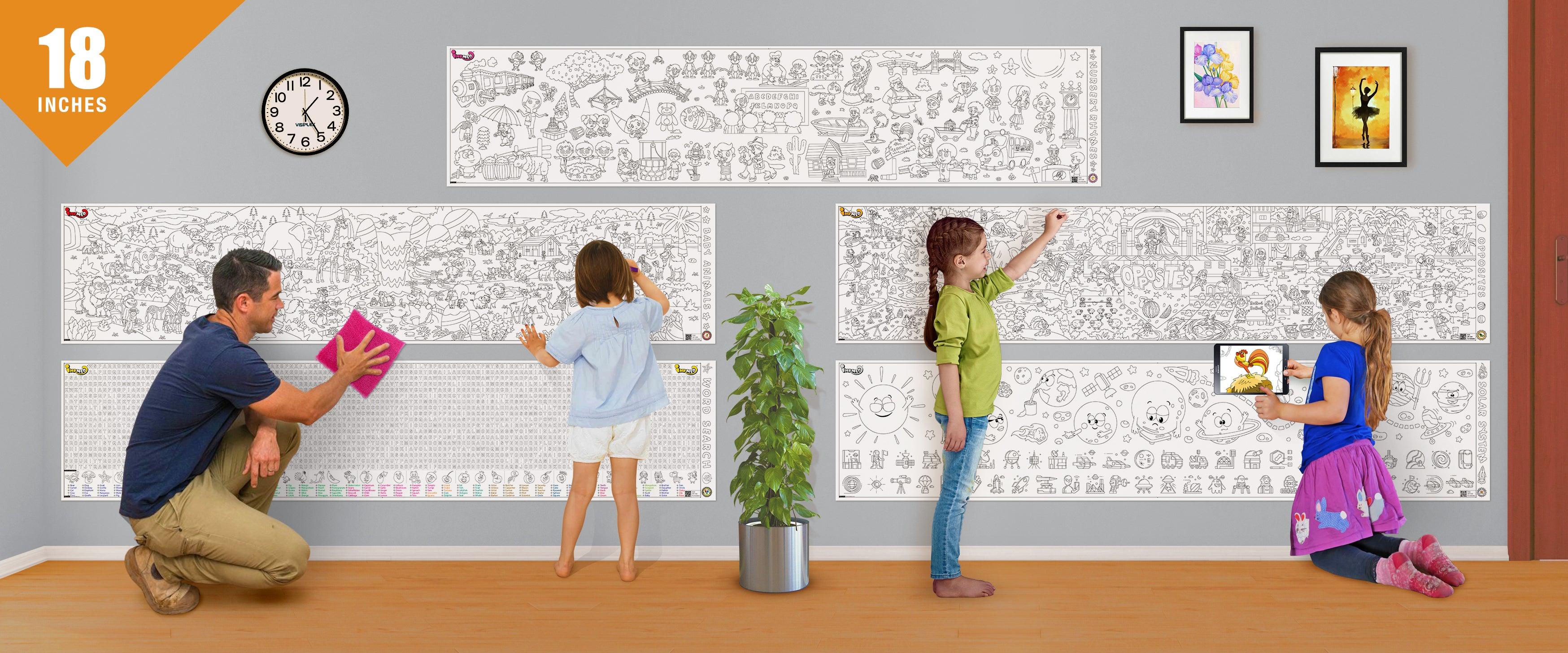 The image shows a father with playing with his three daughters with the 18 inches size of 5 rolls sticked on the wall and spending quality time