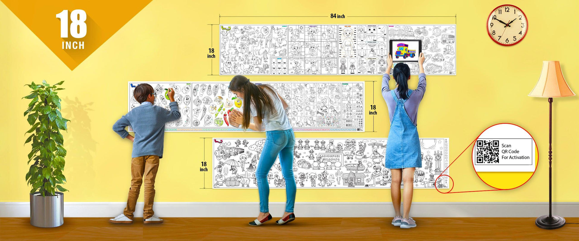 The image depicts a yellow wall with three rolls attached to it, being colored by children. The size of the rolls is specified as 18 inches in the top left corner.