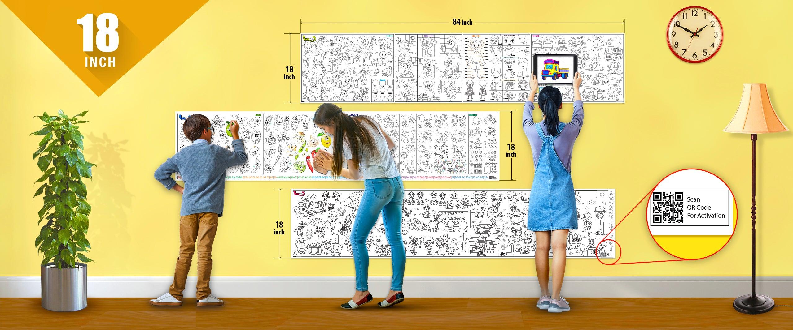 The image depicts a yellow wall with three rolls attached to it, being colored by children. The size of the rolls is specified as 18 inches in the top left corner.