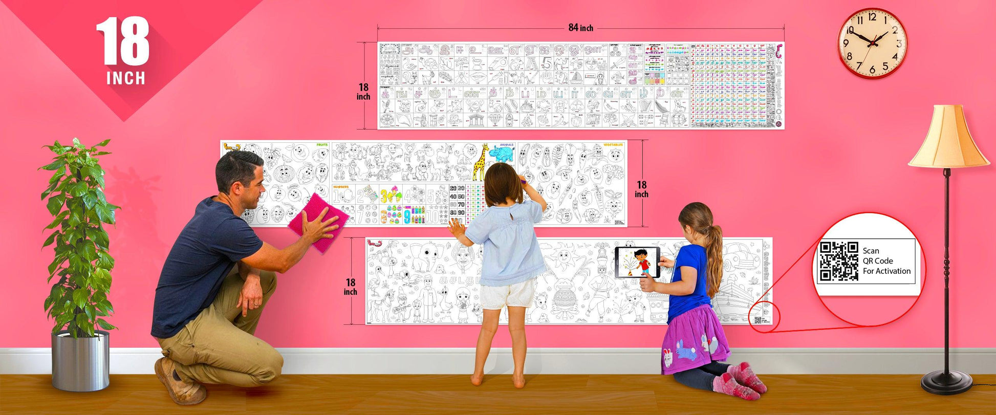 The image depicts a father and his two daughters enjoying a bonding moment while coloring tamil karpom combo pack sheet attached to the wall.