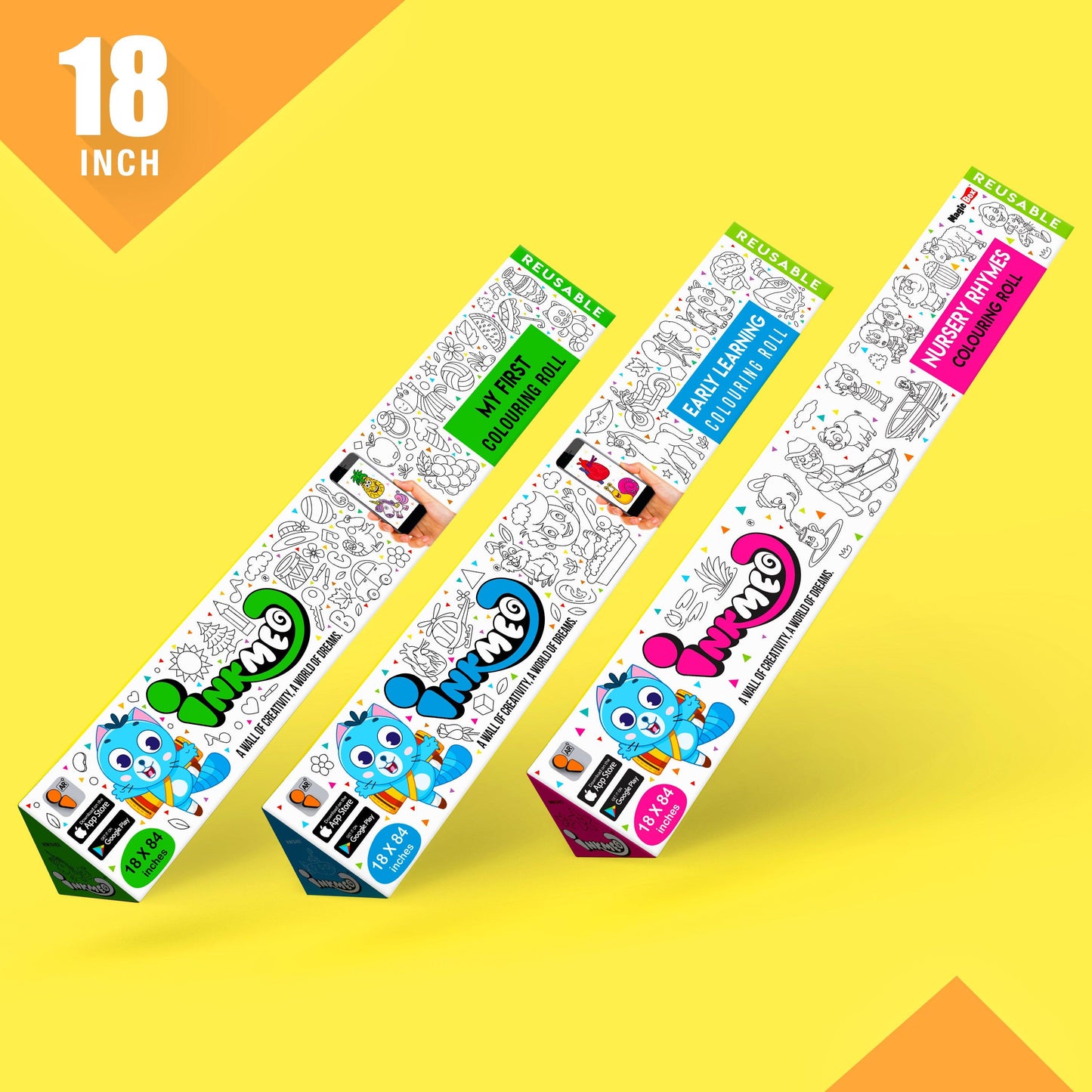 The image depicts a yellow background with three boxes featuring different themes, each measuring 18 inches as indicated in the top left corner.