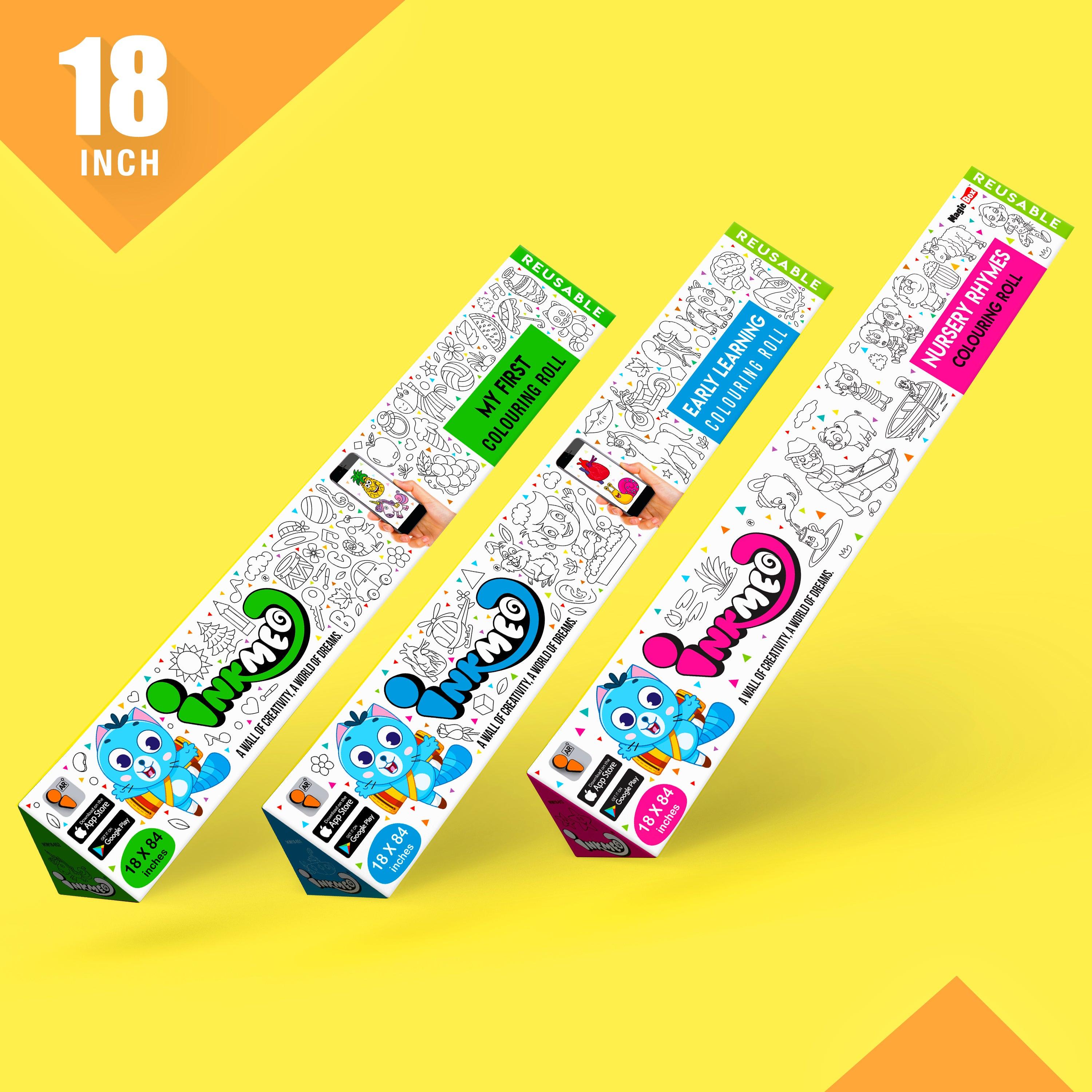 The image depicts a yellow background with three boxes featuring different themes, each measuring 18 inches as indicated in the top left corner.