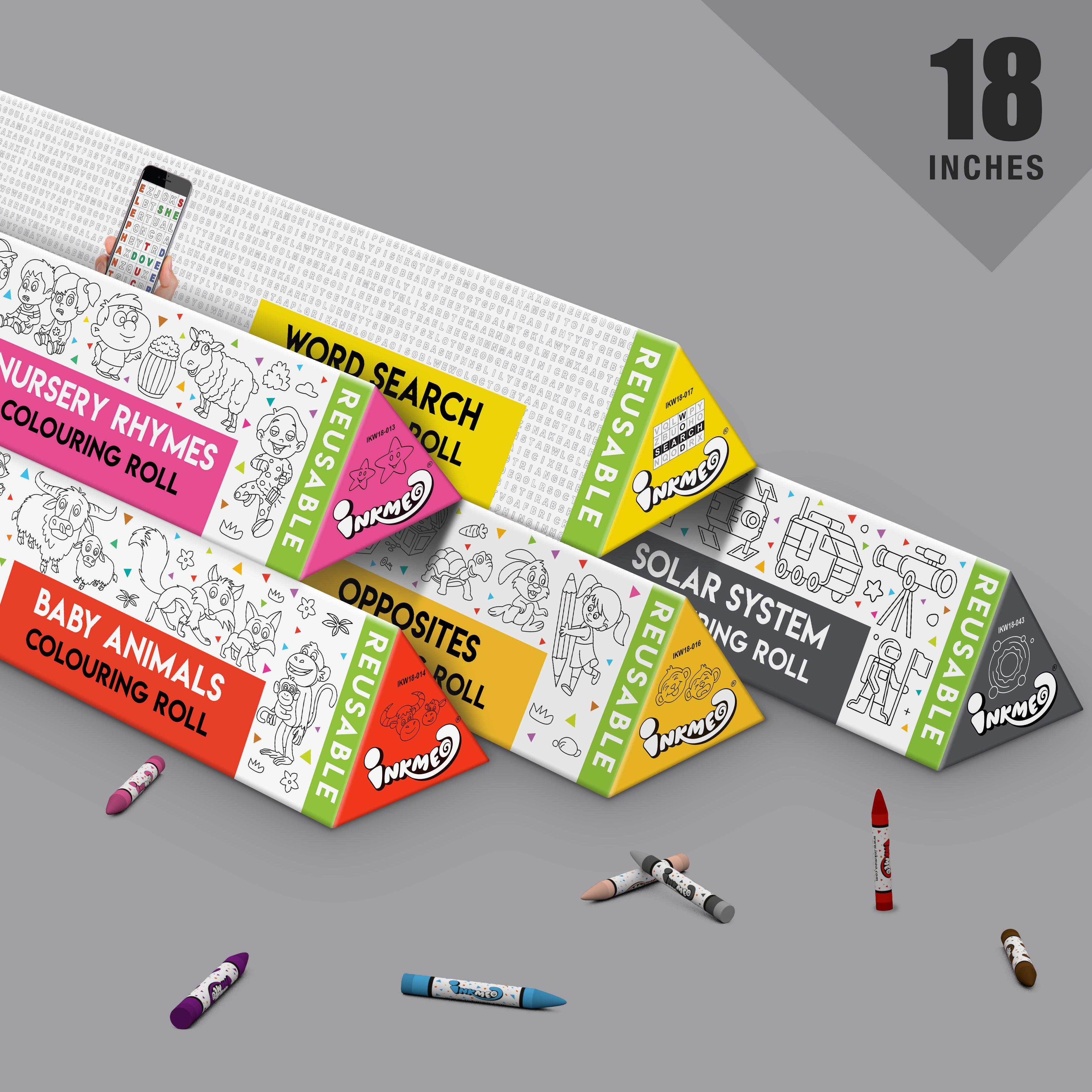 The image shows 5 triangular box of various themes which are diagonally aligned in pyramid with crayons randomly laying around with size 18 inch mention in top right corner