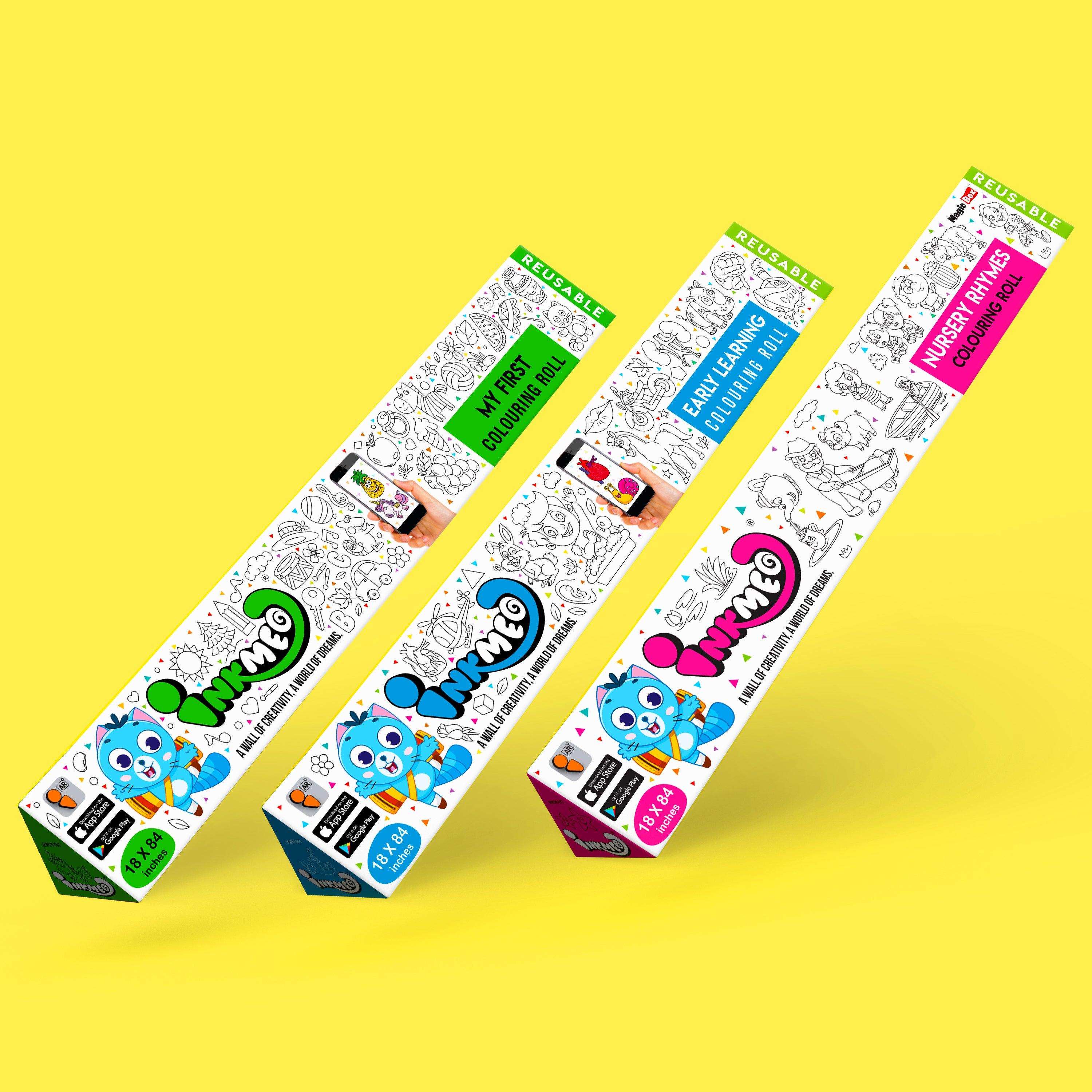 The image displays a yellow background with three triangular boxes featuring different themes.