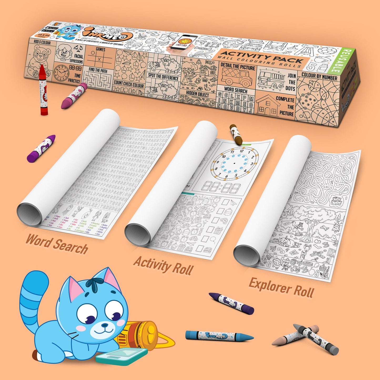 The image depicts an orange background with a large box containing three partially opened coloring rolls. A cartoon cat is lying on the front with crayons scattered around.