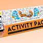 The image displays an orange background with a large orange box in the center showcasing the name "activity pack".