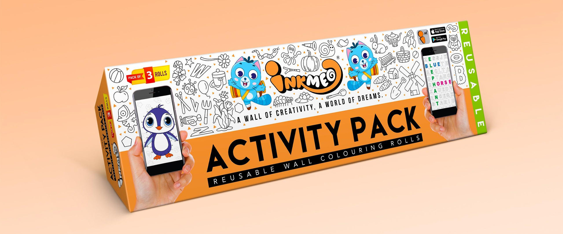 The image displays an orange background with a large orange box in the center showcasing the name "activity pack".