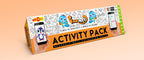 The image displays an orange background with a large orange box in the center showcasing the name "activity pack".