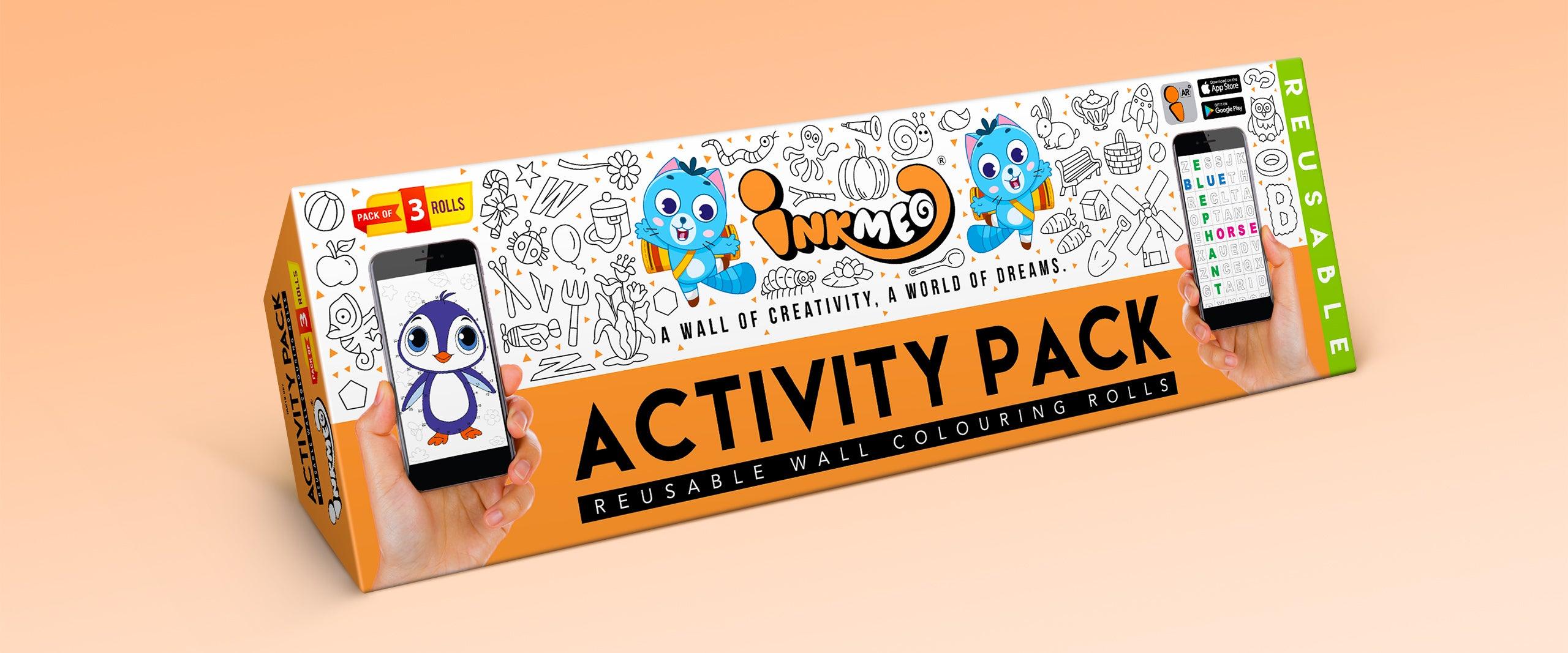 The image displays an orange background with a large orange box in the center showcasing the name "activity pack".