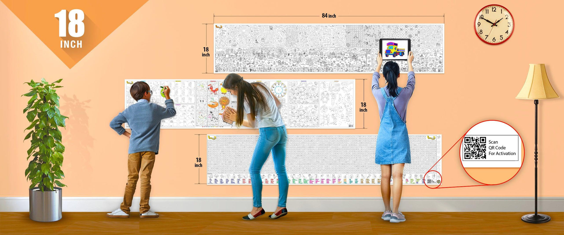 The image depicts a orange wall with three rolls attached to it, being colored by children. The size of the rolls is specified as 18 inches in the top left corner.
