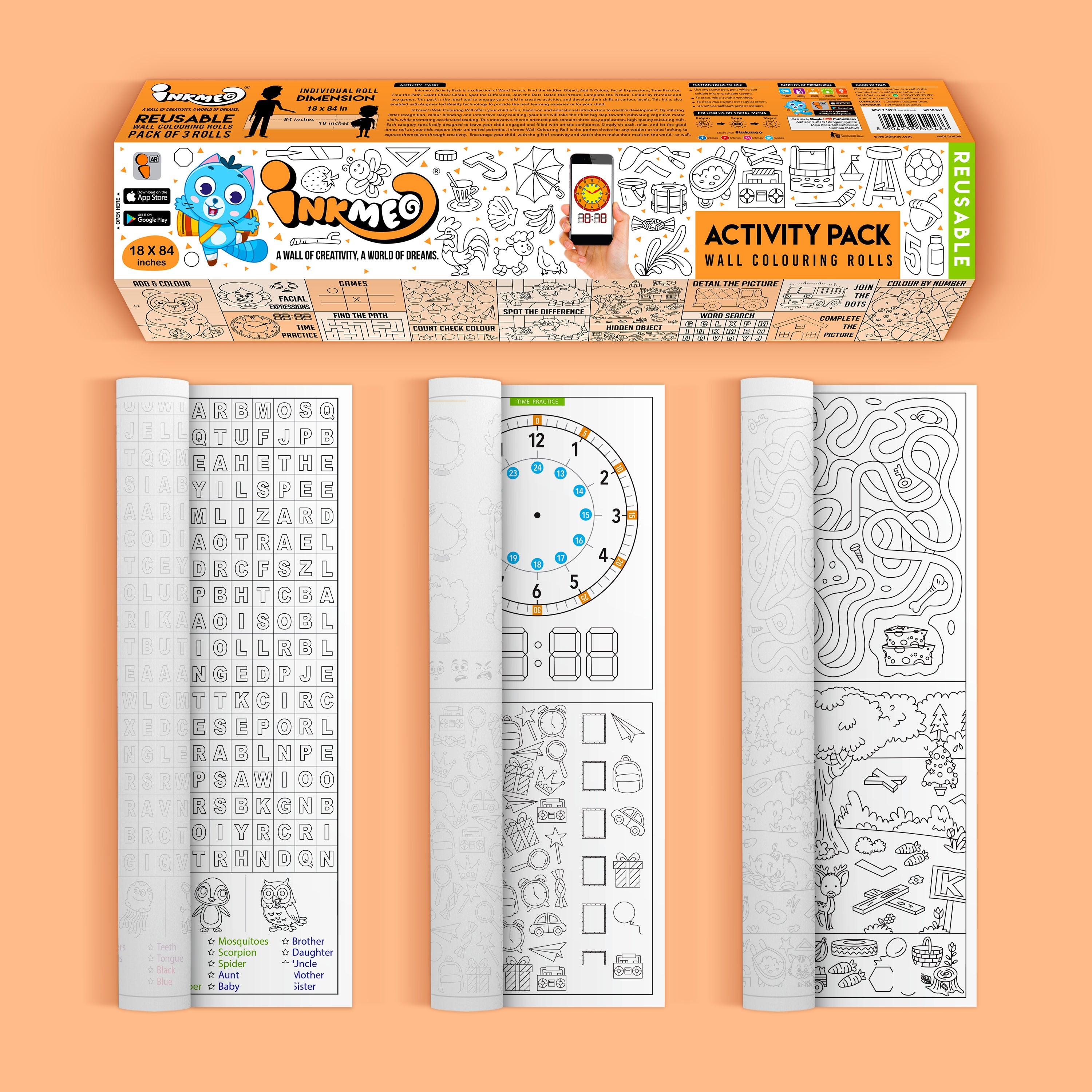 The image shows an orange background with a large orange box at the top. Below, there are three partially opened rolls with pictures on paper.