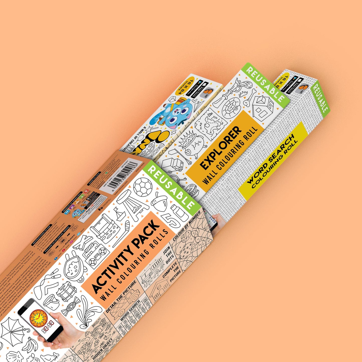 The image depicts an orange background with a large box positioned diagonally from the bottom left corner. Three smaller boxes are pulled out from the main box, each showcasing different themes.