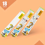 The image depicts an orange background with three boxes featuring different themes, each measuring 18 inches as indicated in the top left corner.
