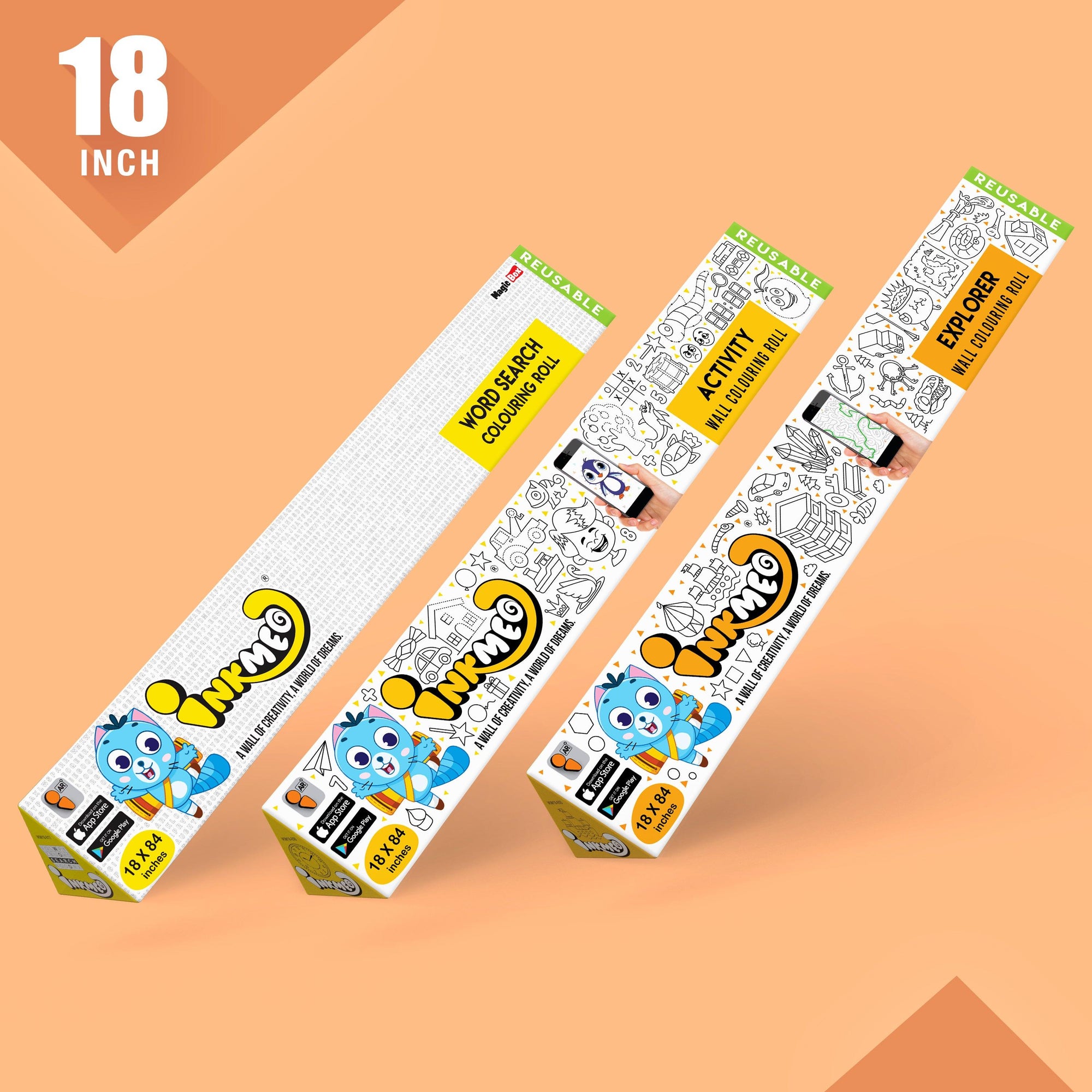 The image depicts an orange background with three boxes featuring different themes, each measuring 18 inches as indicated in the top left corner.