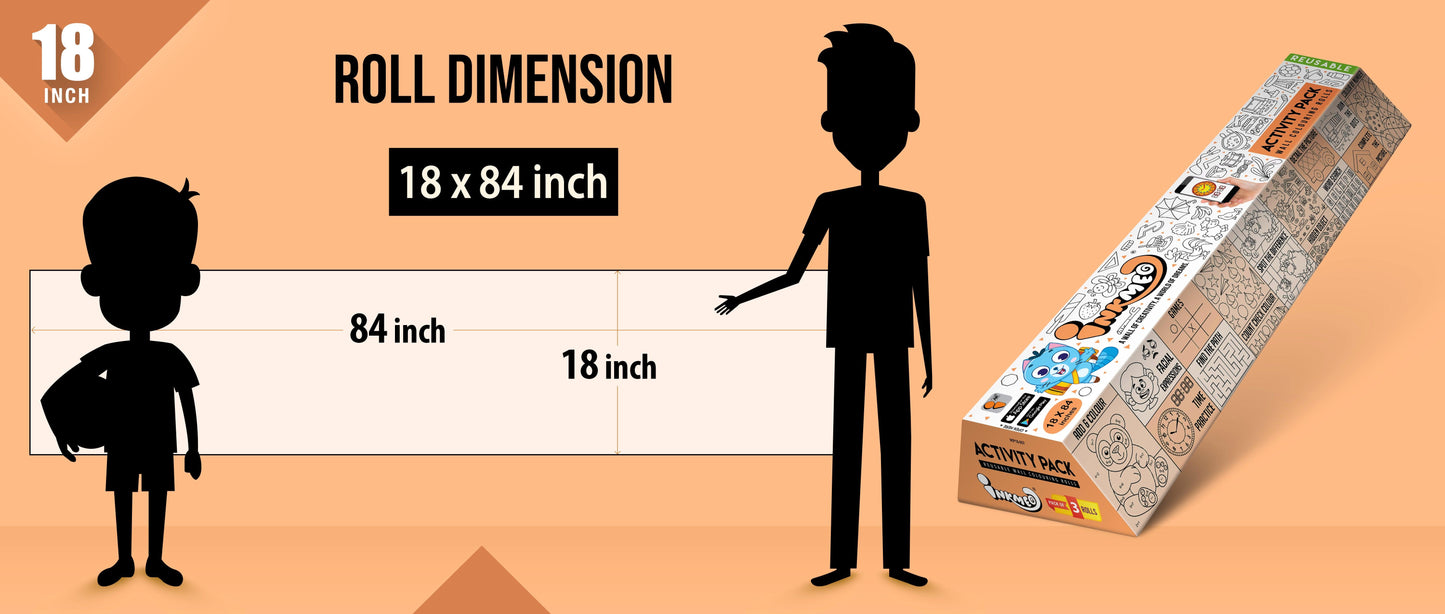 The image shows an orange background with a ruler indicating child and adult height on an 18*84 inch paper roll dimension.