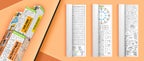 The image depicts an orange background divided into two parts. The first part features a large orange box positioned diagonally from the bottom left corner, with three triangular boxes partially protruding from it. The second part of the image displays three partially opened rolls containing pictures.
