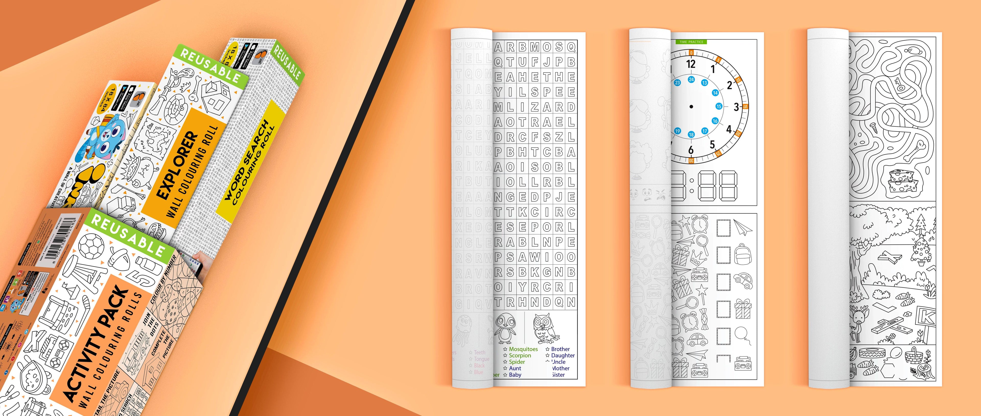 The image depicts an orange background divided into two parts. The first part features a large orange box positioned diagonally from the bottom left corner, with three triangular boxes partially protruding from it. The second part of the image displays three partially opened rolls containing pictures.