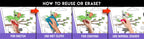 The image has a lavender background with four pictures demonstrating how to reuse or erase: the first picture depicts sketching on the sheet, the second shows using a wet cloth to remove sketches, the third image displays crayons coloring on the sheet, and the fourth image illustrates erasing crayons with a regular eraser.