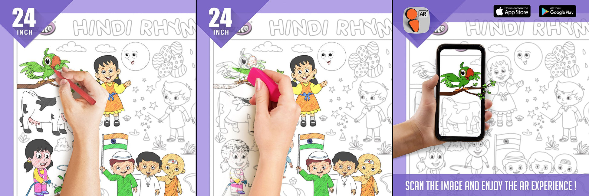 The image displays three pictures: the first one shows a hand colouring hindi rhymes roll, the second one depicts the color being erased from the board, and the third one features a hand holding a mobile phone in front of the hindi rhymes picture
