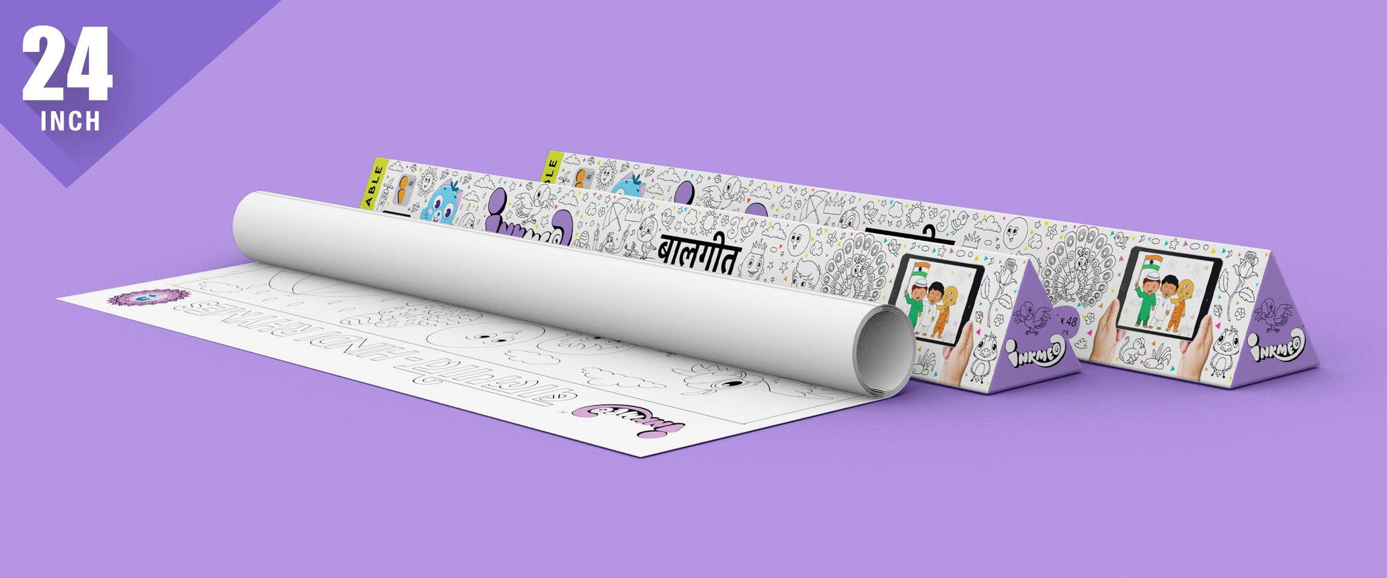 The image shows a lavender background with two triangular boxes, one of which has paper rolled out.