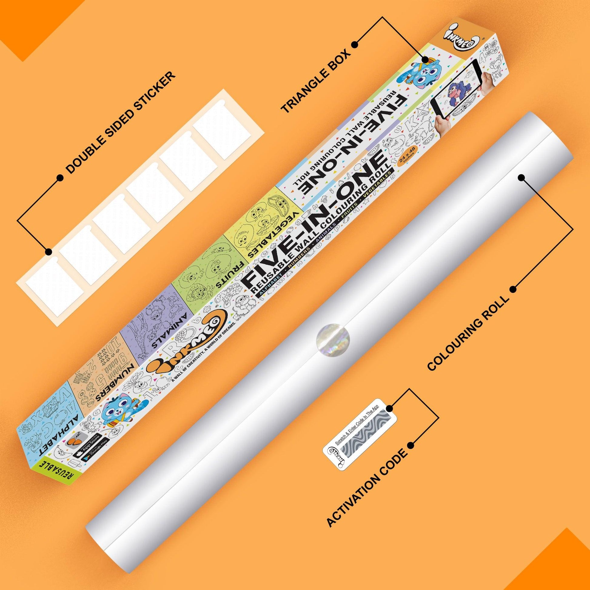 The image illustrates a orange background with Triangle box, colouring roll, 6 double tape, and activation code