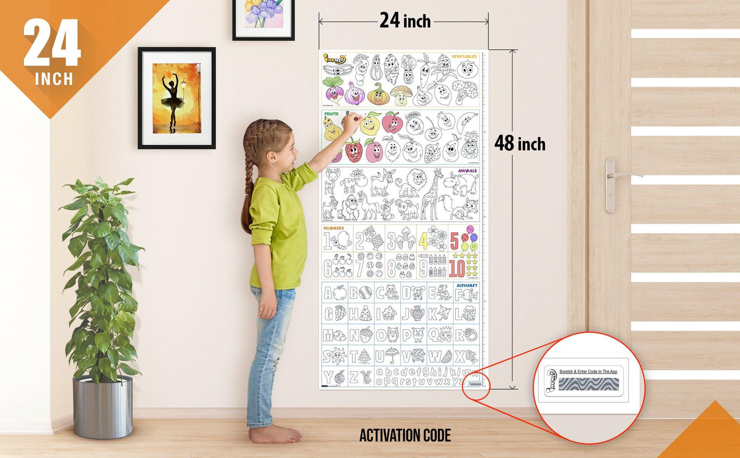The image shows a home backdrop with a child learning and colouring in a sheet sticked to the wall vertically with the activation code zoomed in from the downside right corner